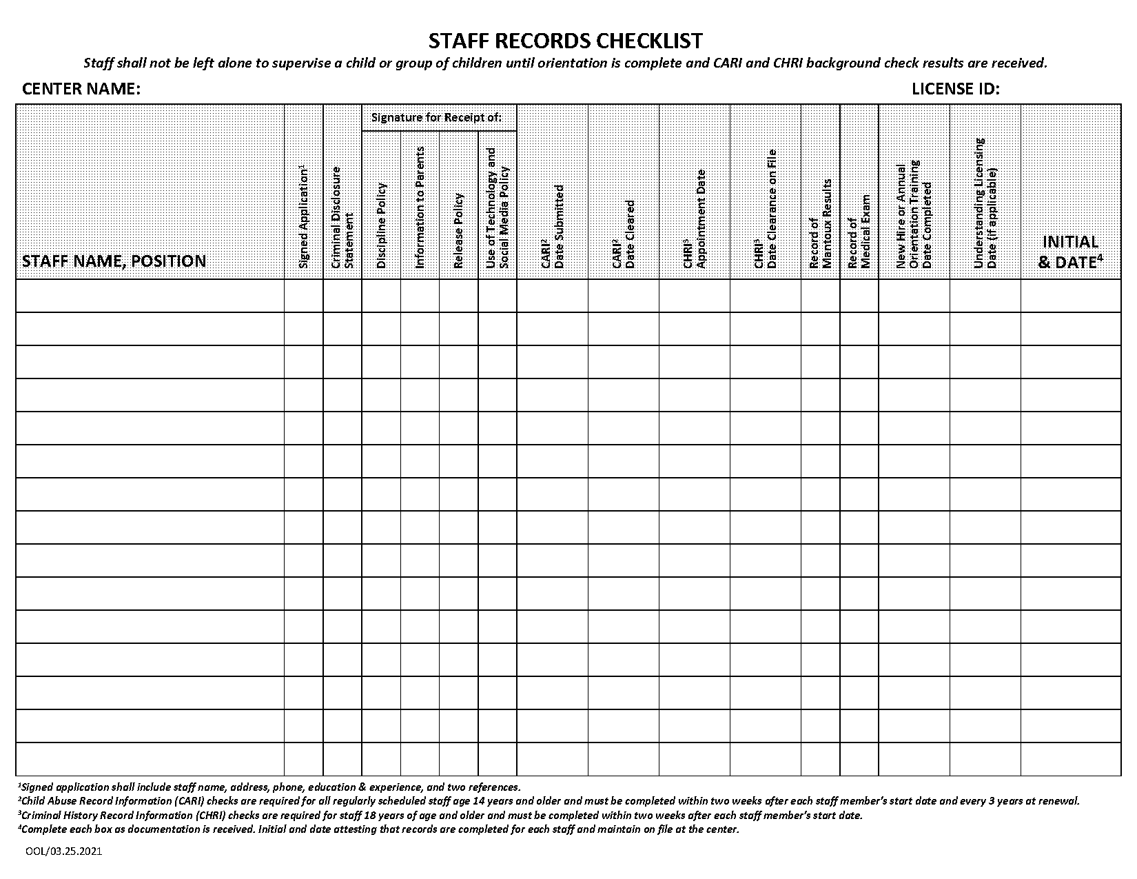 child care staff checklist